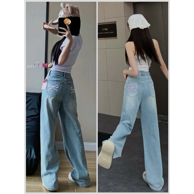 Quần jeans suông thêu nơ hồng, quần bò nữ ống suông lưng cao hack dáng kiểu dáng trẻ trung năng động mã QS16