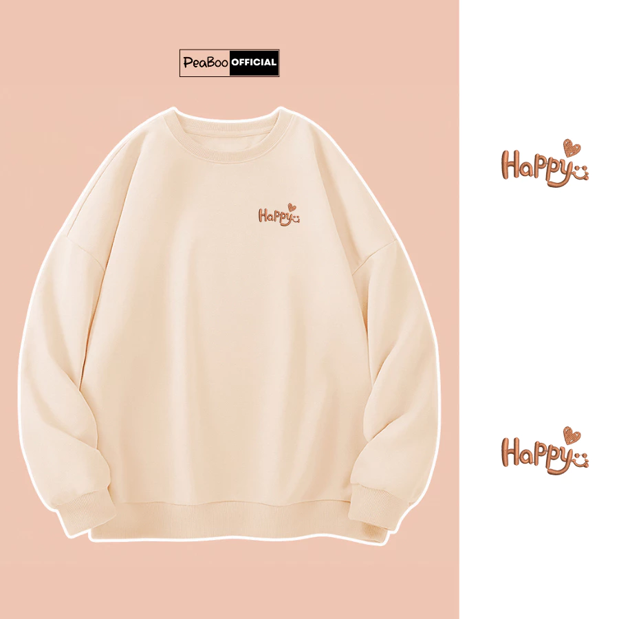 Áo Sweater THÊU Happy Heart Nam Nữ By PEABOO Unisex Chất Nỉ Lót Bông Form Rộng