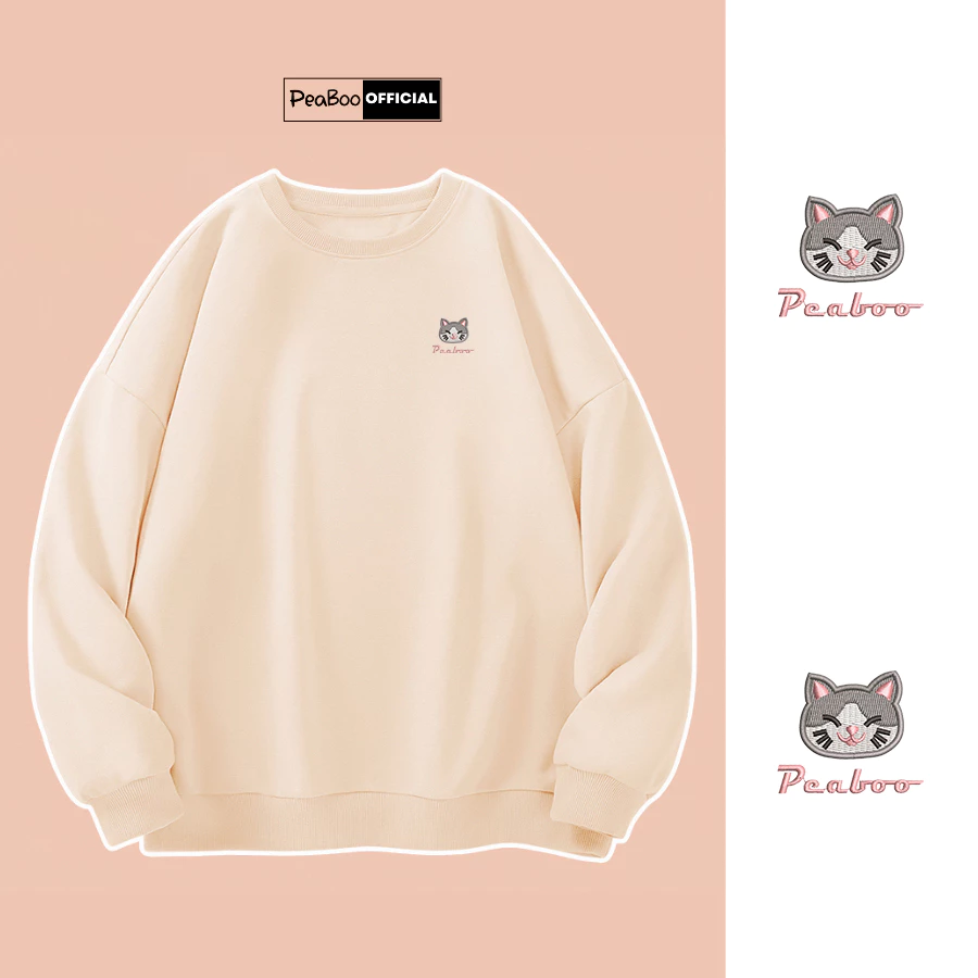 Áo Sweater THÊU Mèo Xám Nam Nữ By PEABOO Unisex Chất Nỉ Lót Bông Form Rộng