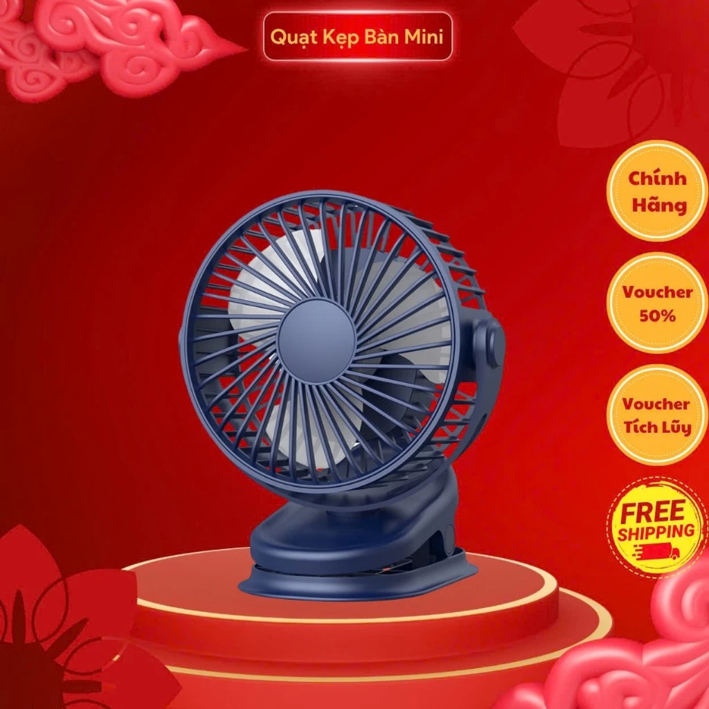 Quạt mini kẹp bàn, Quạt kẹp bàn xoay 360 độ Pin Tích Điện Chân Kẹp Bàn, Kẹp Xe Đẩy - pin sạc, 3 cấp độ - Bảo hành 12 T