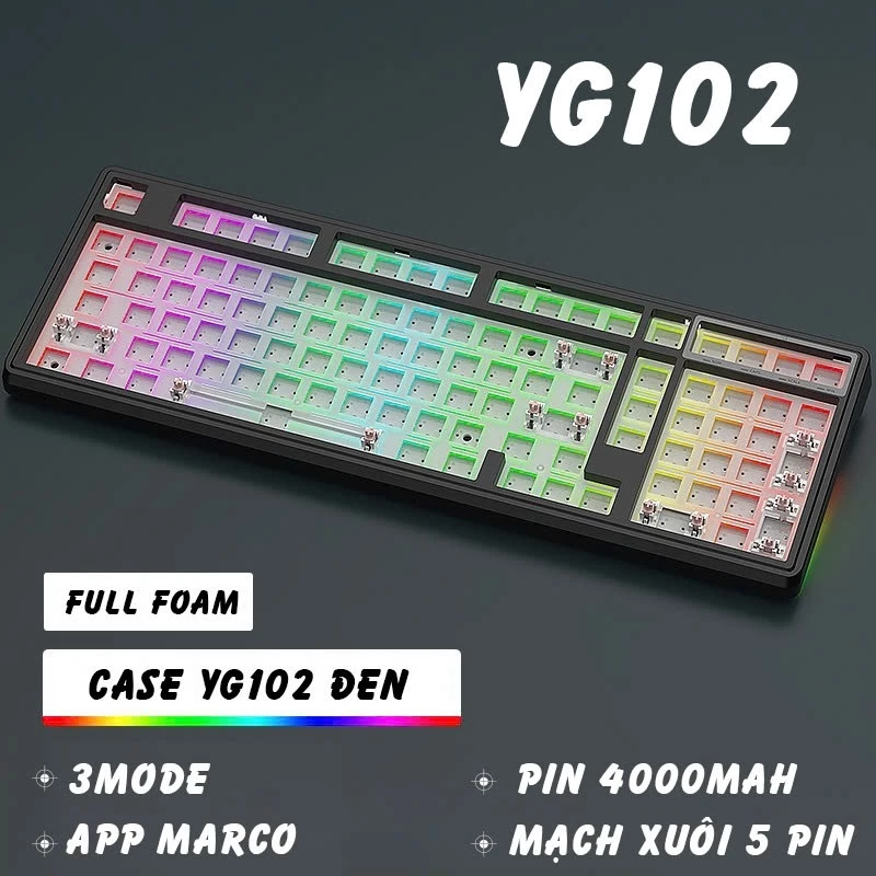 Case bàn phím cơ không dây ATAS YG102 - 3 mode - LED RGB - Có App Marco - Mạch xuôi 5 Pin - Lube sẵn