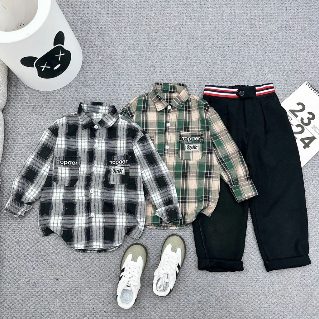 Áo Sơ mi Dài Hàn Quốc Bé Trai Hưng Linh Kids Phối Kẻ Bé Trai Dài Tay,Bộ Bé Trai, Dành Cho Trẻ Em-----