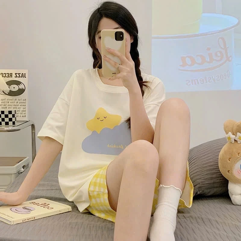 [RẺ VÔ ĐỊCH] Set bộ Mặc nhà Nữ Áo ngắn tay quần đùi caro- Đồ bộ nữ mặc nhà mặc ngủ in hình chất quần kate lụa