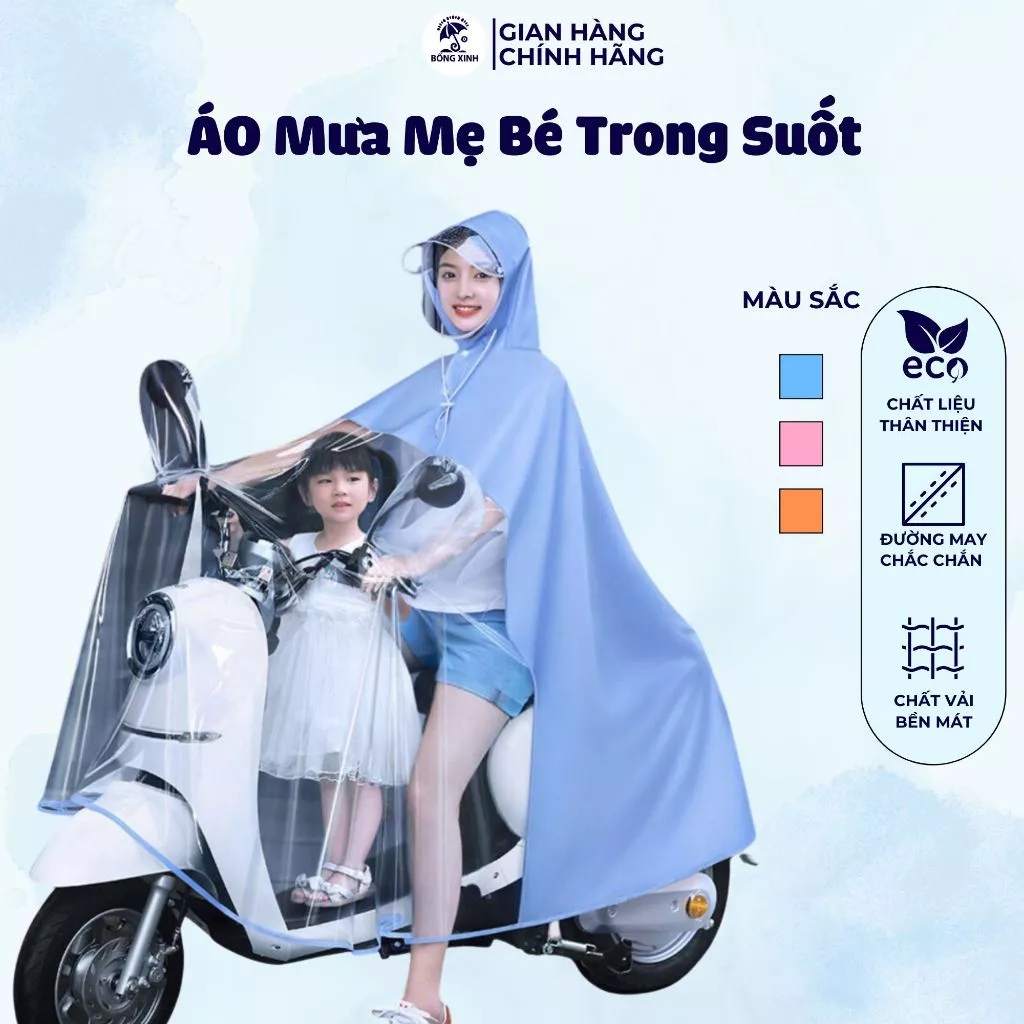 [Giảm 50K] Áo Mưa Trong Suốt Cho Mẹ và Bé, Che Phủ Kèm Kính Chắn Mưa Tiện Lợi , Áo 1 Đầu Thời Trang