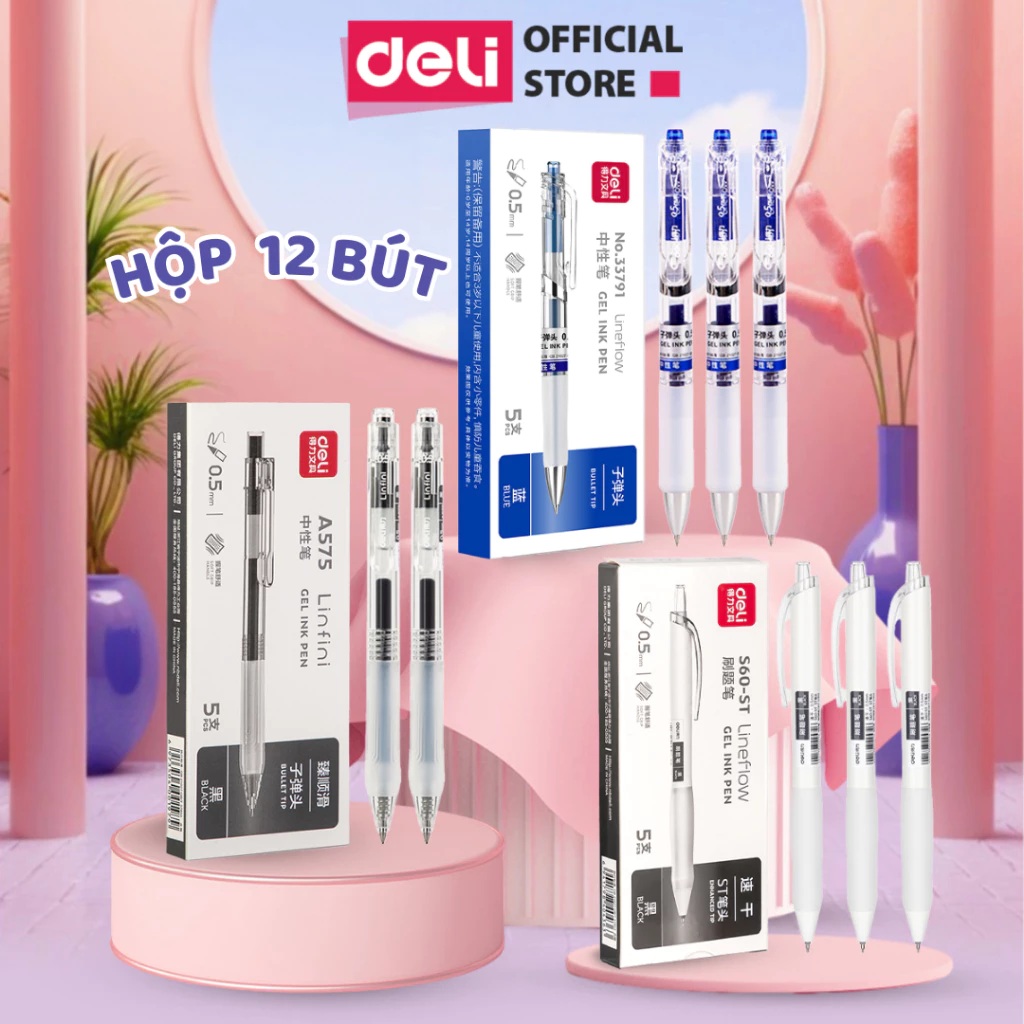 Hộp Bút Gel Deli A575 Bút Bi Nước 0.5mm, Bút Bi Bấm Mực Gel Trơn Tru Viết Sổ Caligraphy