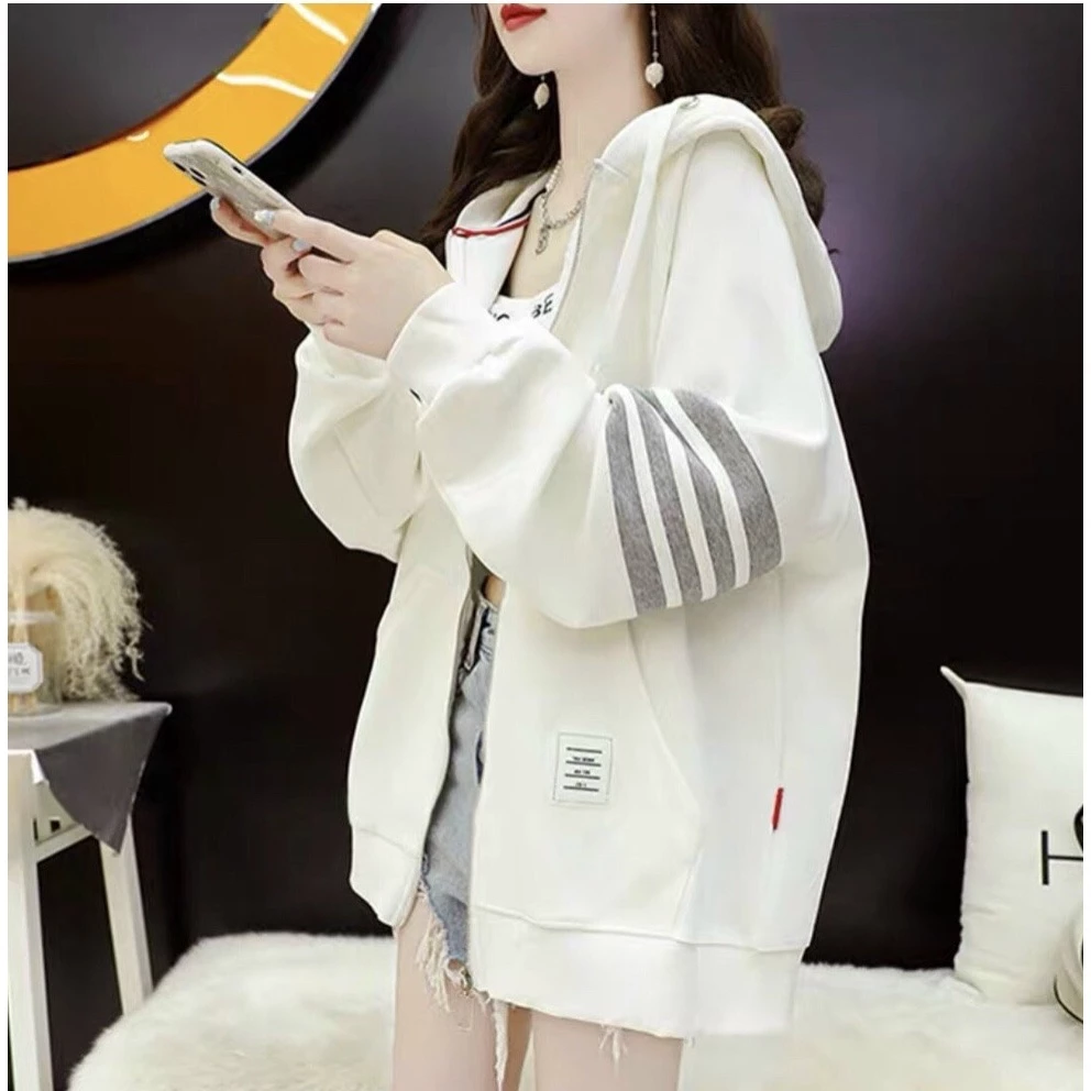 ÁO KHOÁC NỈ DÂY KÉO TAY PHỐI VIỀN NỔI BẬT FORM RỘNG PHONG CÁCH TOP WOMEN JACKET DỄ MẶC PHÙ HỢP THỜI TRANG