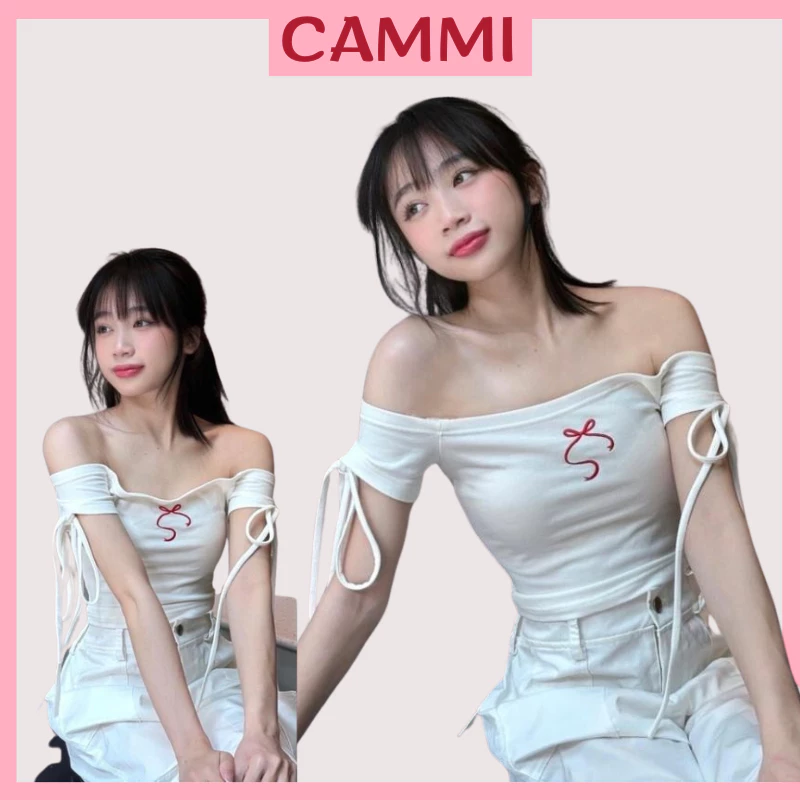 Áo trễ vai tay ngắn buộc dây thêu Nơ Đỏ mẫu mới nhất 2024,Áo thun croptop trễ vai ,áo phông hở vai HA602