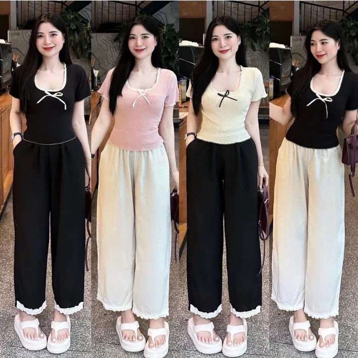 Sét bộ áo baby tee viền ren phối quần baggy phối lai ren trẻ trung thời trang SBNT_437