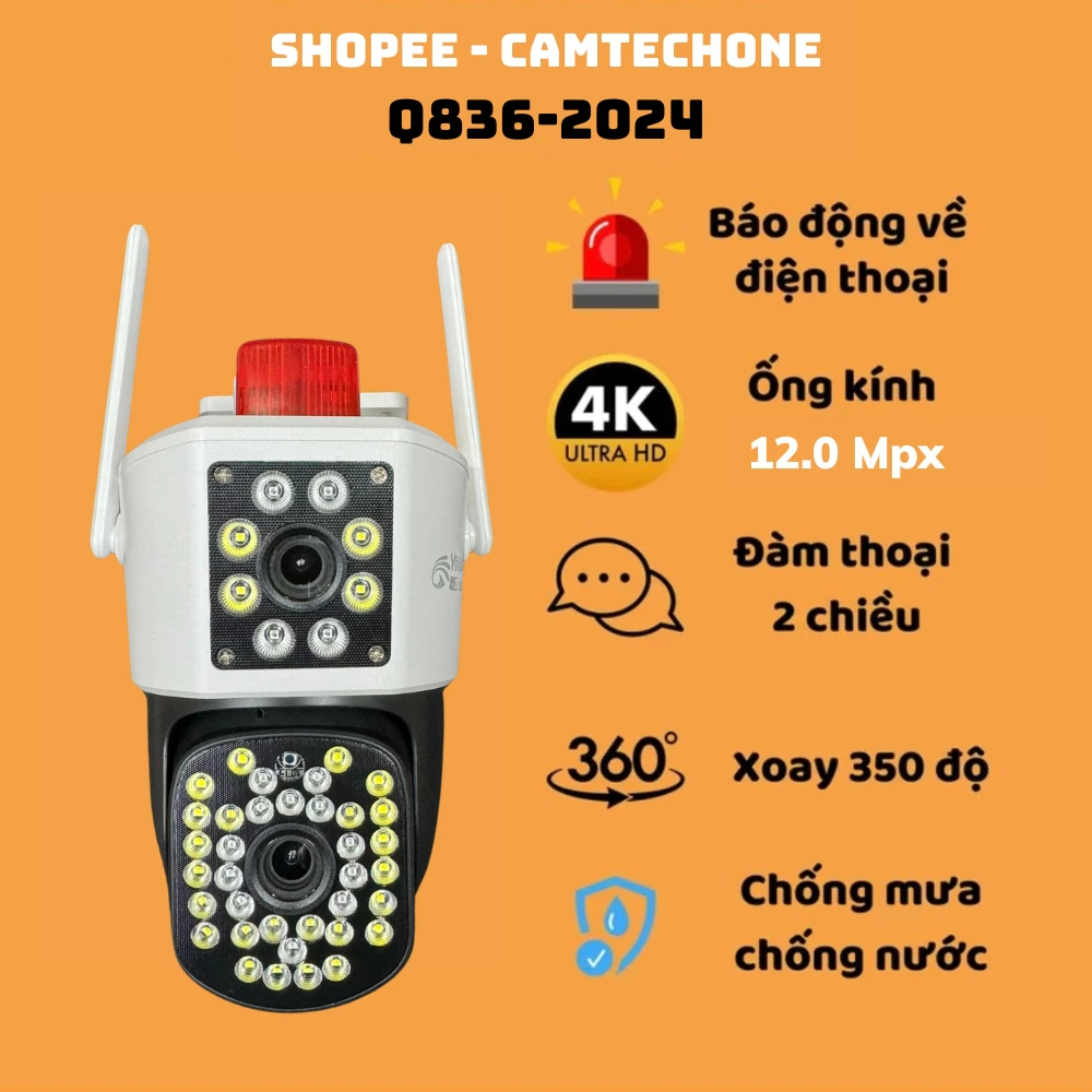 Camera YooSee Q836 2 mắt Xoay 360 Độ 4K siêu nét, Có đèn báo động, Góc rộng - Đàm thoại 2 chiều, phát hiện chuyển động
