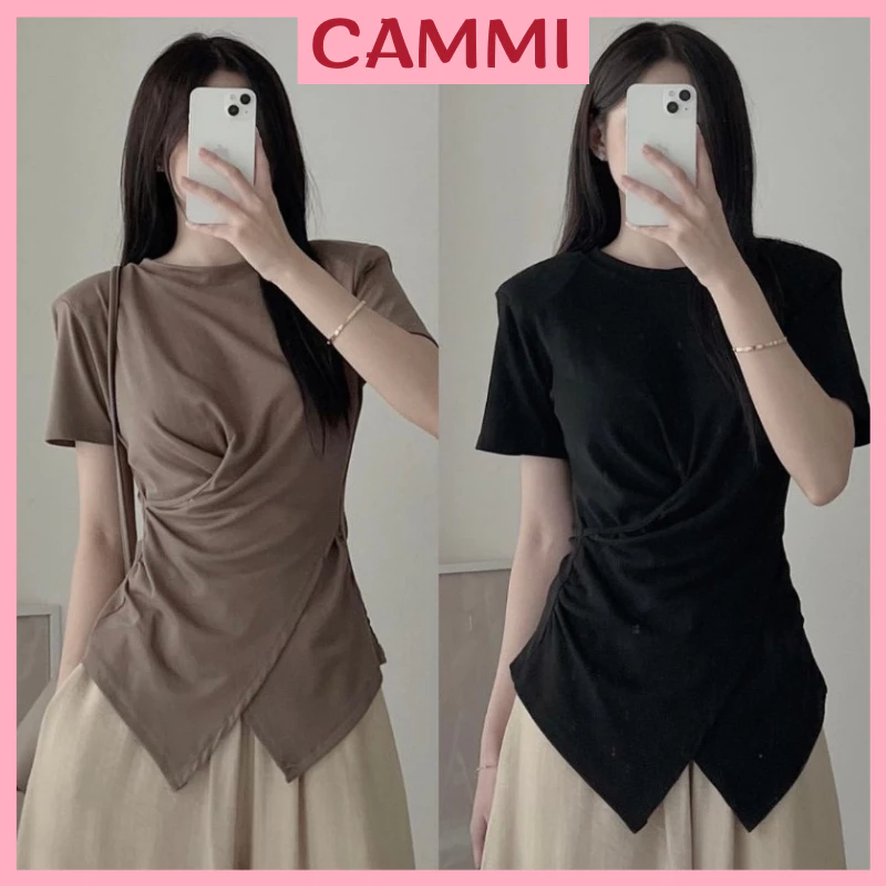 Áo thun xoắn nhúm eo,áo thun cộc tay nữ cổ tròn vạt nhọn chéo chất tăm hàn dày dặn phong cách Hàn Quốc HA48