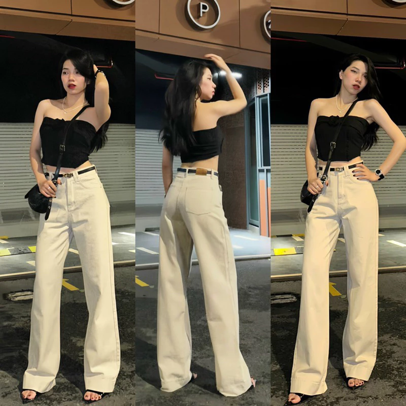 YURI JEANS - Quần Jean Nữ Ống Suông Phối Day Lưng Xéo Chữ N Màu Be (Mã5146)