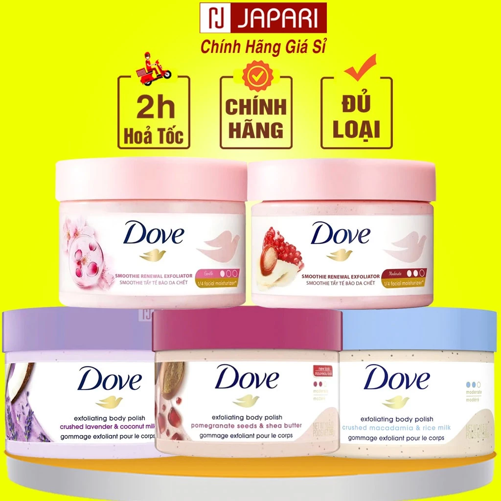 Tẩy Tế Bào Chết Body Dove Bản Mỹ & Đức CHÍNH HÃNG - Tẩy Da Chết Dove Body Toàn Thân Hạt Macca, Lựu Vật Lý Japari