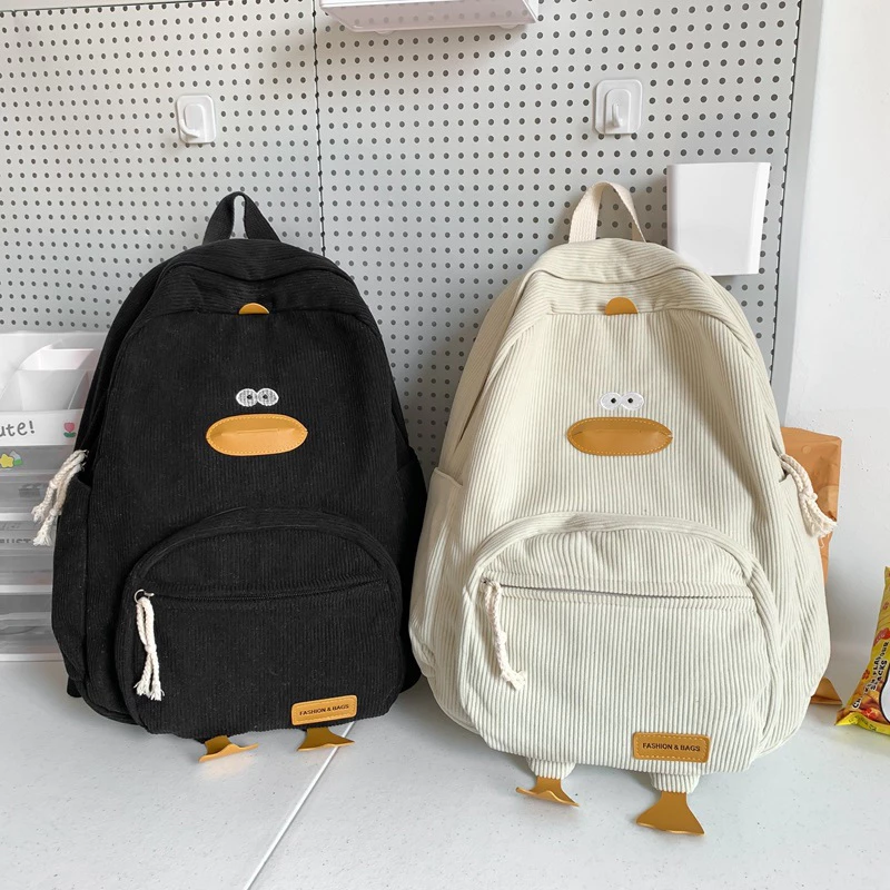 Cặp sách học sinh vải nhung Vịt con cute đáng yêu nhiều ngăn Họa tiết hoạt hình thoáng khí vàchống mài mòn dung tích lớn