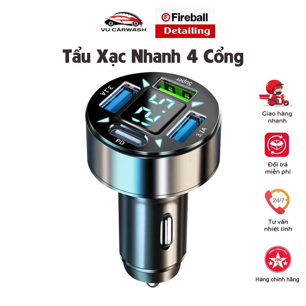 Tẩu Sạc Nhanh 4 Cổng 66W PD Type-C QC3.1A Thông Minh Cho Xe Hơi