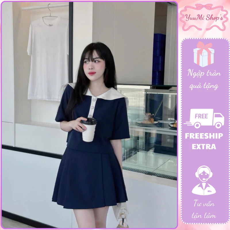 Set đồ nữ,đồ bộ nữ áo tay lỡ cổ thủy thủ phối cúc đính đá mix chân váy xếp ly phong cách hàn quốc HCOM2999 YuuMi Style