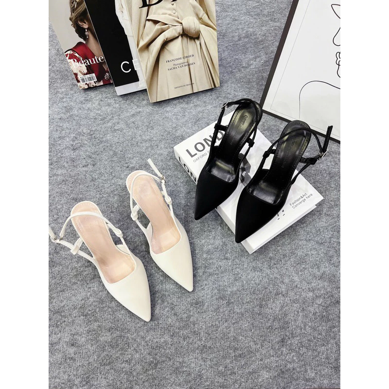 Giày cao gót 9 phân chất tuyết nhung sandal hở gót khuy cài mũi nhọn DP102 ( phom rộng 1,5)