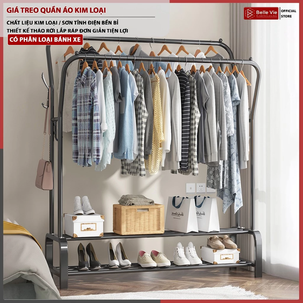 Giá Treo Quần Áo 2 Tầng BELLEVIE Kệ Treo Quần Áo Nhiều Tầng Sào Treo Quần Áo Đa Năng Kim Loại Sơn Tĩnh Điện Thông Minh
