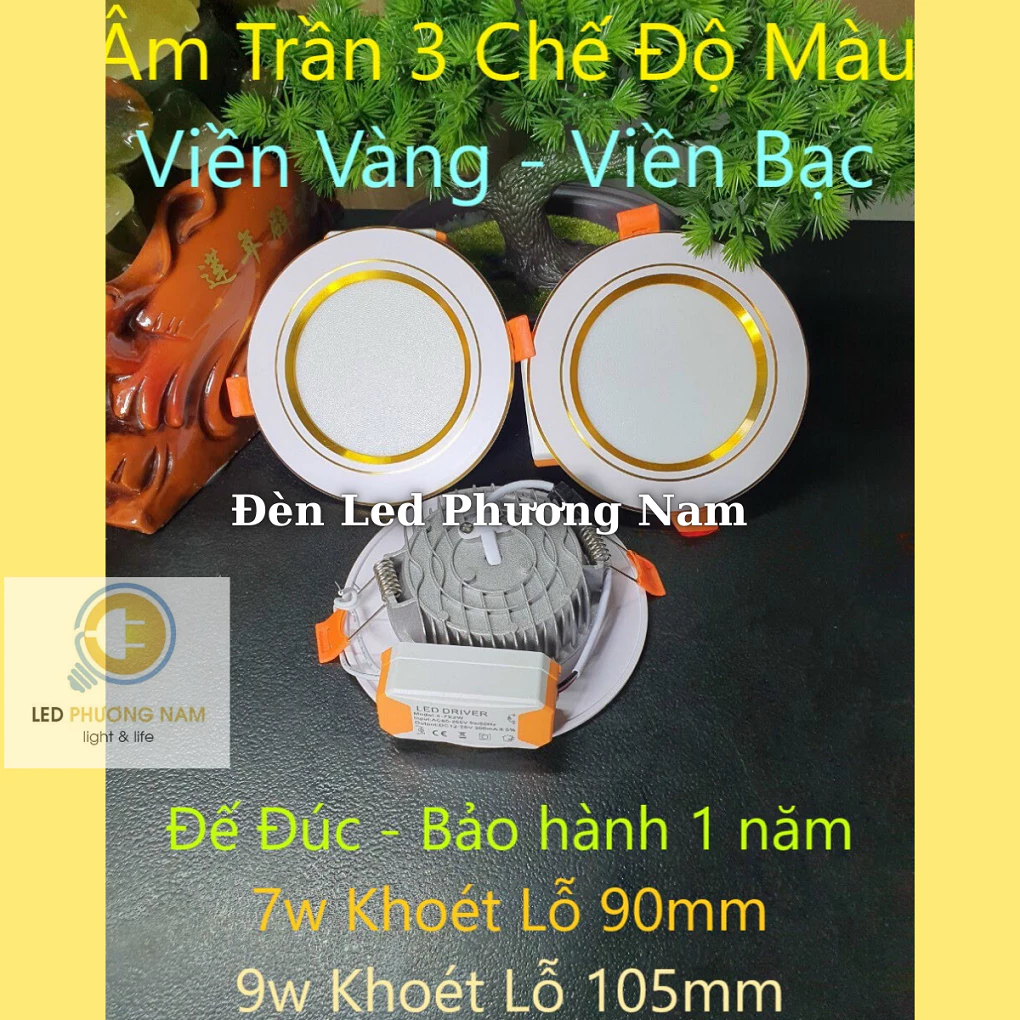 Đèn Led Âm Trần 3 Màu 7w & 9w & 12w (Viền Vàng - Viền Bạc)