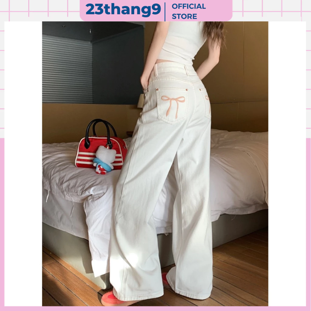 Quần jean kaki màu trắng ống suông , quần bò kaki thêu nơ hồng ống rộng cạp cao hot trend phong cách hàn quốc 259