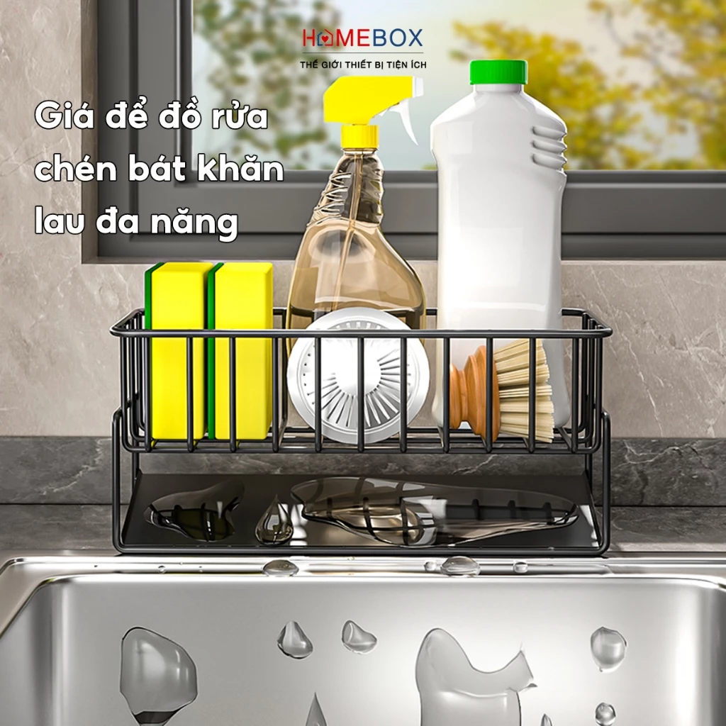Giá Để Đồ Rửa Chén Bát Thép Không Gỉ, Kệ Đựng Đồ Bồn Rửa Bát Tiện Lợi Kèm Khay Hứng Nước Treo Khăn