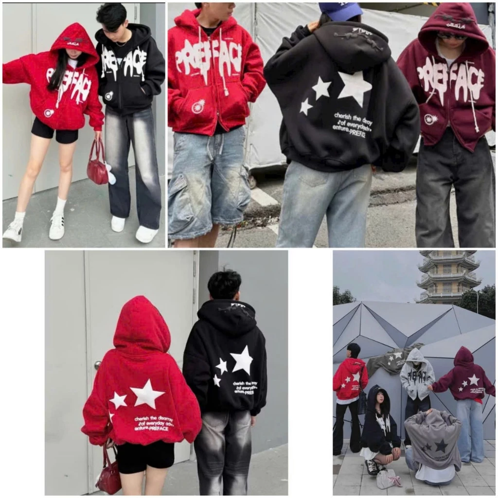 Áo Khoác Dây kéo 2 Đầu In Full Nổi Thun Nỉ Len Tay Dài Phồng Kiểu Áo Hoodie Zip Nam Nữ Jacket Chống Nắng -Top Đen , Xám