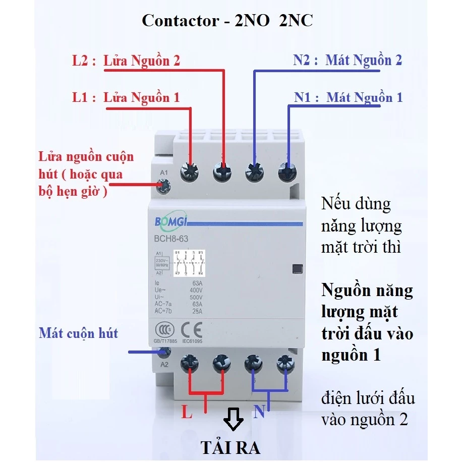 Khởi động từ 2NC 2NO 63A- Contactor Dùng làm ATS Chuyển mạch 2 nguồn điện