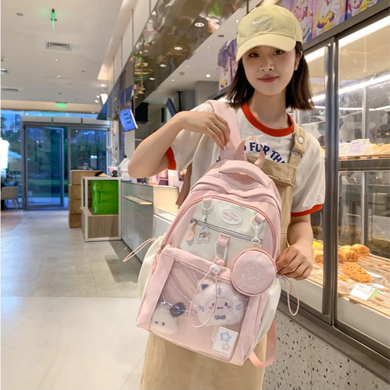 Balo nữ đi học 44*29*17CM Vải nylon+PVC cặp sách đi học nữ dễ thương siu xinh dụng học hoặc đi du lịch (với mặt dây)