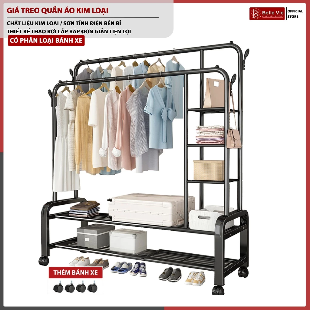 Kệ Treo Quần Áo Kim Loại BELLEVIE Giá Treo Quần Áo Có Tầng Để Đồ Có Bánh Xe Di Chuyển Tiện Lợi