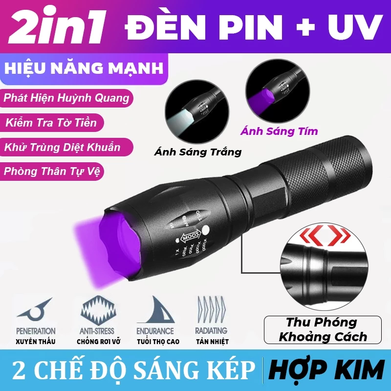 Đèn Pin UV 2in1 Led Sáng Trắng + Led UV Thu Phóng Khoảng Cách ( Đèn Pin Mini Đa Năng Hợp Kim Không Gỉ )