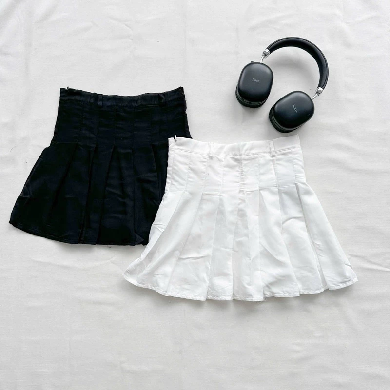 Chân váy ngắn XẾP LY lưng cao màu ĐEN/TRẮNG 🖤 Chân váy voan chữ A style Ulzzang