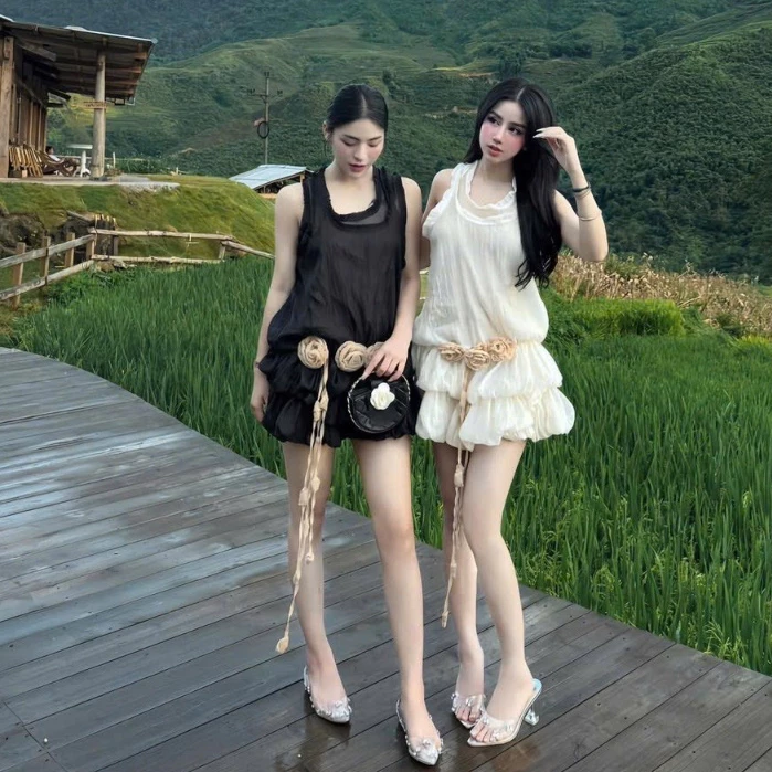 Váy Tơ Hoa Nổi Tầng Xoè Phối Hoa(Kèm Quần), Đầm Tơ Xốp Hot Hit Tiểu Thư 2 Màu Đen Trăng Sang Chảnh- XM Minh Phúc