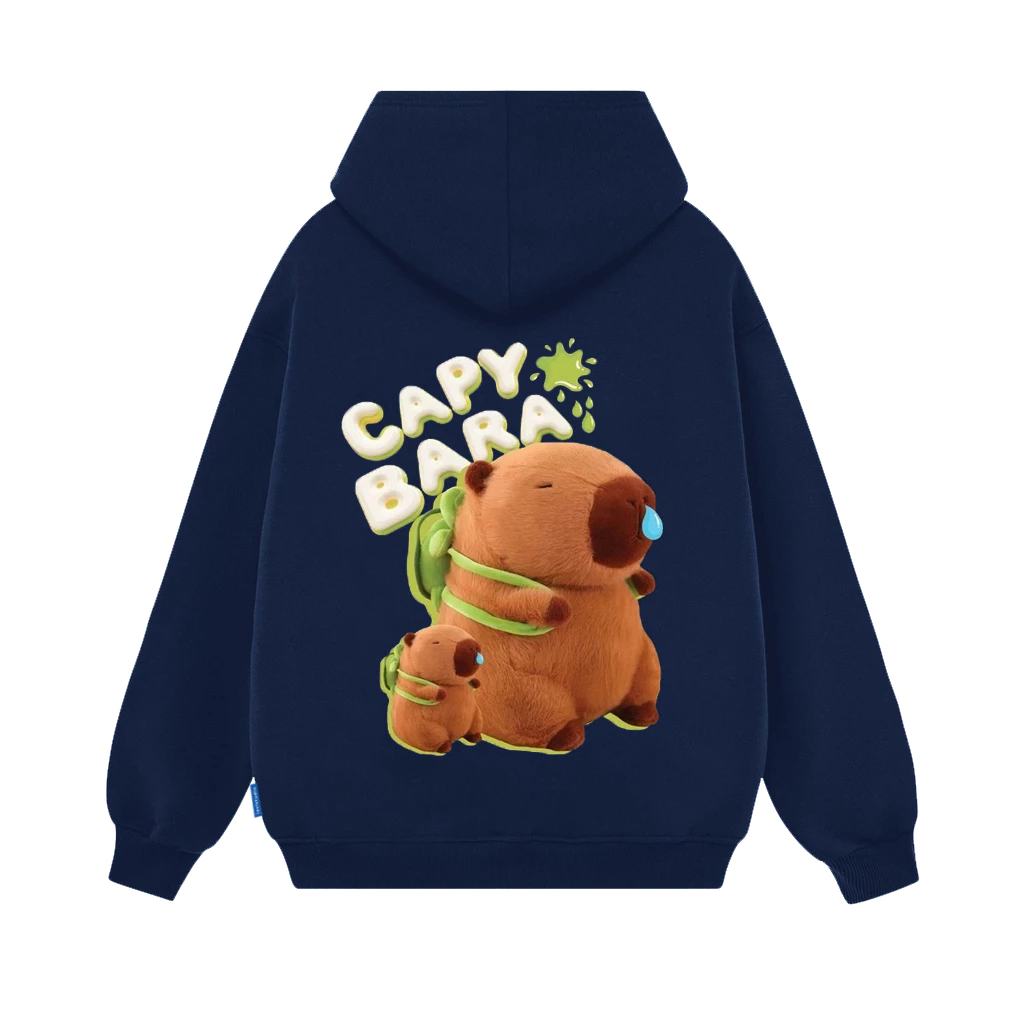 Áo Khoác Nỉ Bông In Hình Chuột CAPYBARA Đeo Ba Lô Xanh, Form Rộng Unisex Vải Nỉ Lông Cáo Cực Đẹp