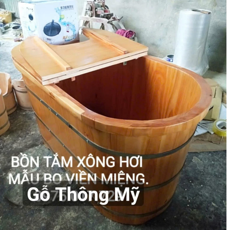 Bồn tắm xông hơi ⚡ HÀNG LOẠI 1 ⚡ thùng tắm ốp bo viền miệng thiết kế rộng rãi thoải mái-gỗ thông Mỹ loại 1