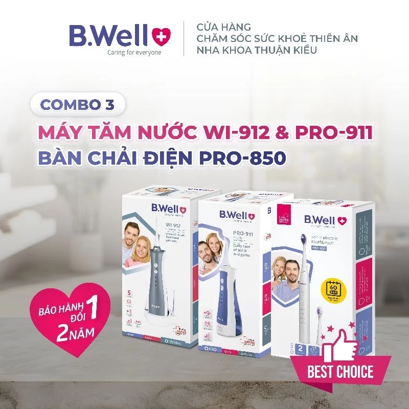 [ HỎA TỐC] Combo: 1 Bộ Tăm nước B.well 912+ 1 Bộ Tăm nước B.Well 911+ 1 Bàn chải điện B.Well Pro-850