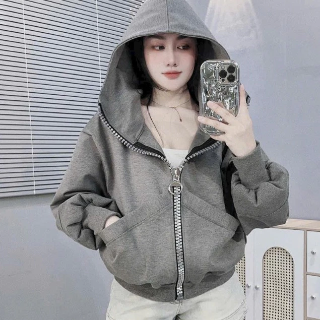 Áo Khoác Nỉ Ngắn Dây Kéo TO ĐÙNG Phong Cách Nổi Bật NÓN TO Như Hình