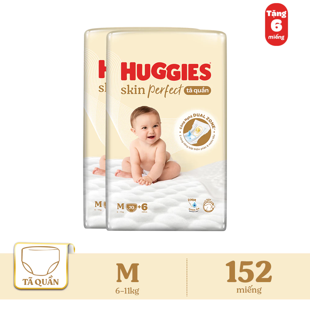 Combo 2 Tã quần Huggies Skin Perfect Super Jumbo M70+2/ L60+2/ XL52+6/ XXL48+6 miếng với 2 vùng thấm giảm kích ứng da