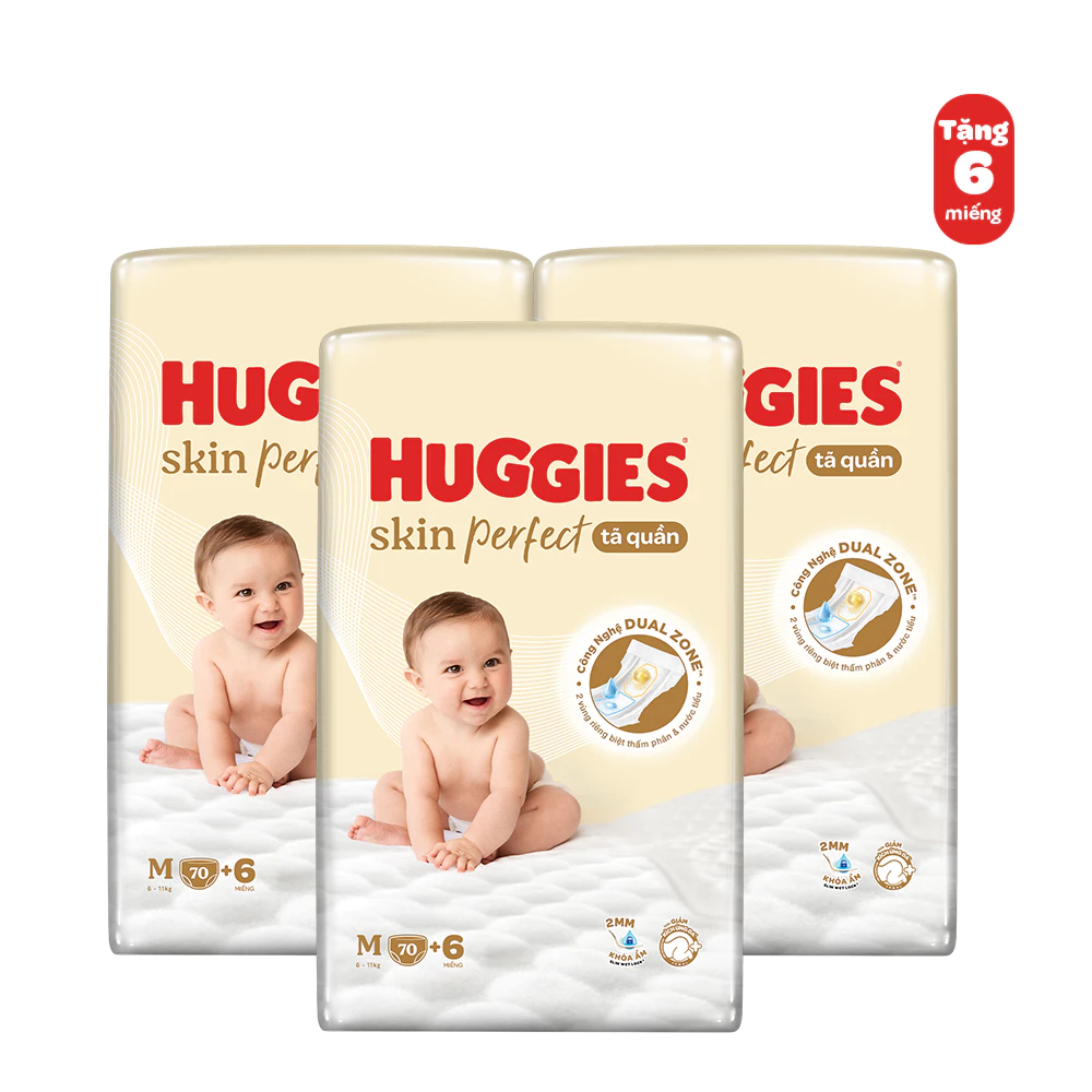 Combo 3 Tã quần Huggies Skin Perfect Super Jumbo M70+2/ L60+2/ XL52+6/ XXL48+6 miếng với 2 vùng thấm giảm kích ứng da