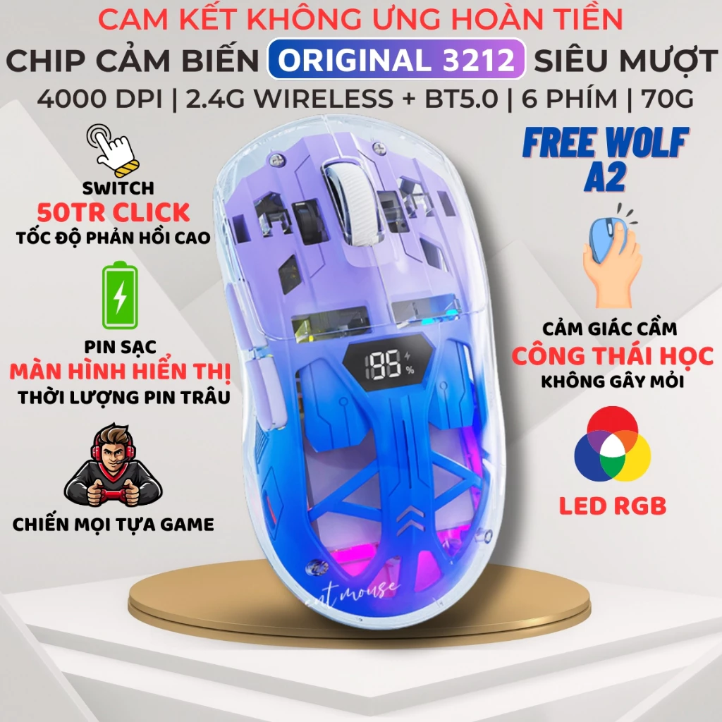 Chuột Không Dây Bluetooth Free Wolf A2 LED RGB 2 Mode Chip Original 3212 Siêu Mượt Chuyên Game