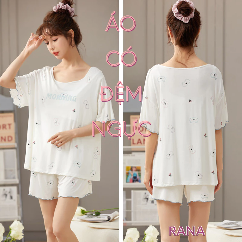 Bộ quần áo mặc nhà ngắn tay có đệm ngực cho nữ kiểu dáng sang chảnh RaNa vải cotton mềm mịn mát mẻ đệm ngực thoáng khí