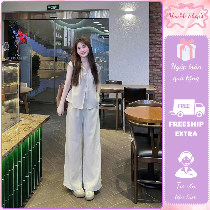 Set đồ nữ,đồ bộ nữ áo sơ mi tay hến cổ V kèm dây buộc eo phối quần dài ống suông thiết kế đơn giản HCOM3000 YuuMi Style