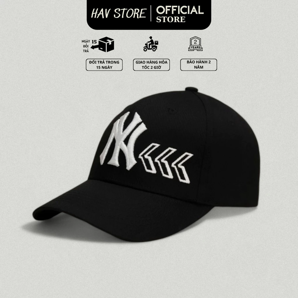 Mũ lưỡi trai nam nữ MLB NY đen logo thêu chữ trắng mũi tên phong cách Hàn Quốc hàng xuất dư