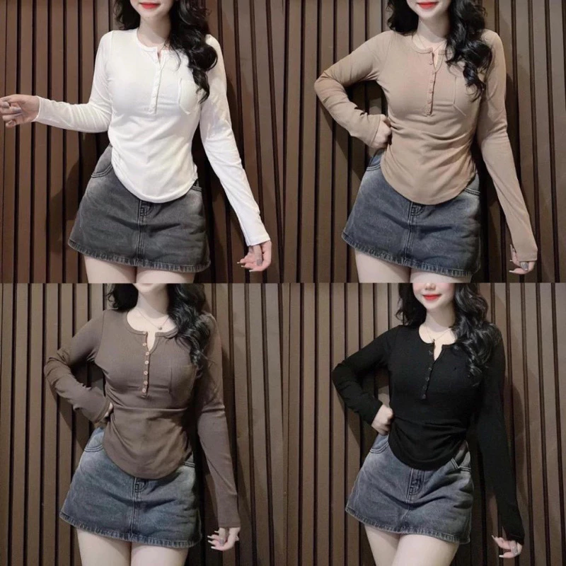 (Có Bigsize) Áo Thun Nữ Dài Tay Chất Tăm Gân Phối Túi Trước, Áo Dài Tay Dáng Vạt Bầu Cài Cúc Thời Trang Thu Đông