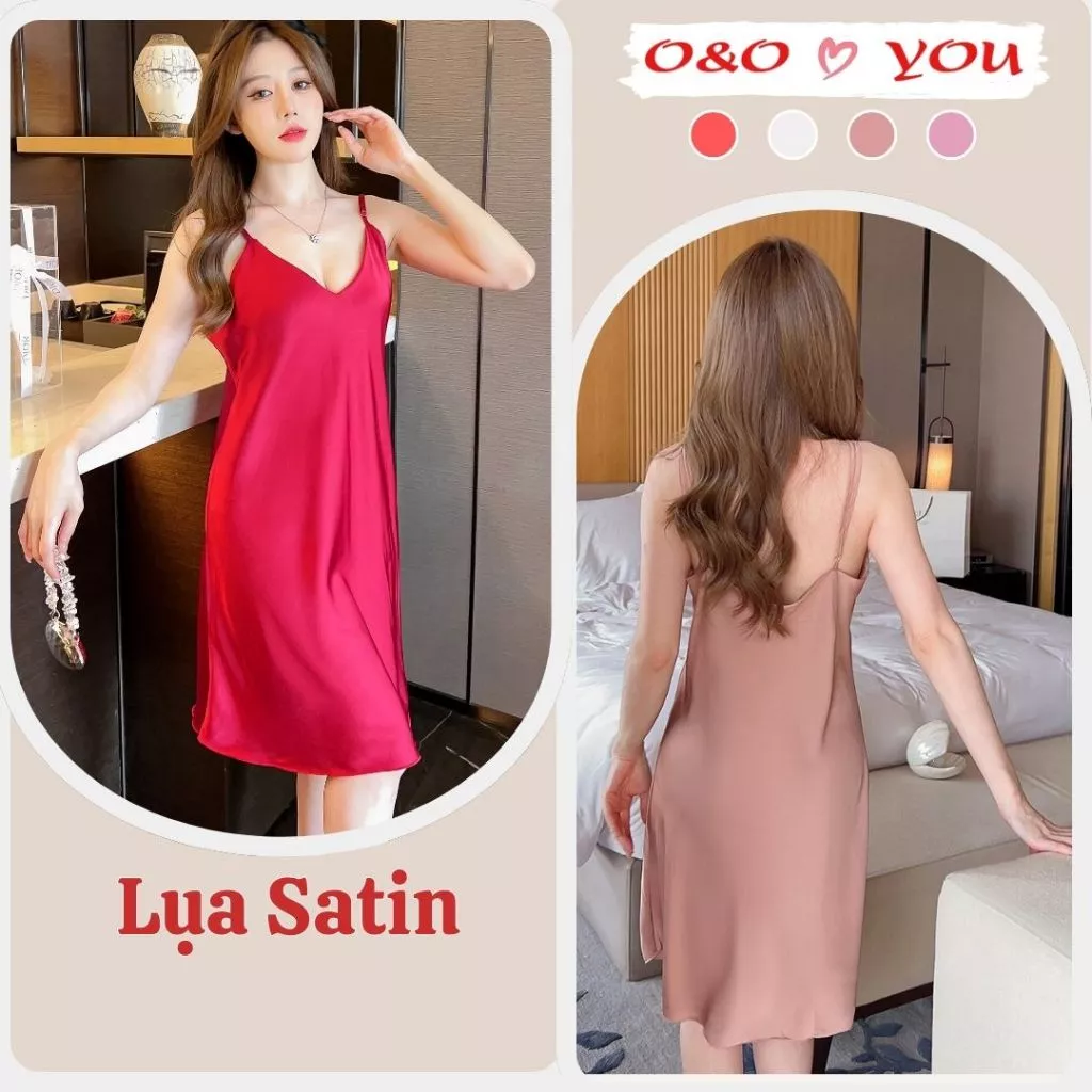 Đầm váy ngủ hai dây liền thân dáng xuông chất liệu lụa satin cao cấp O&O Model A30288 thoáng mát