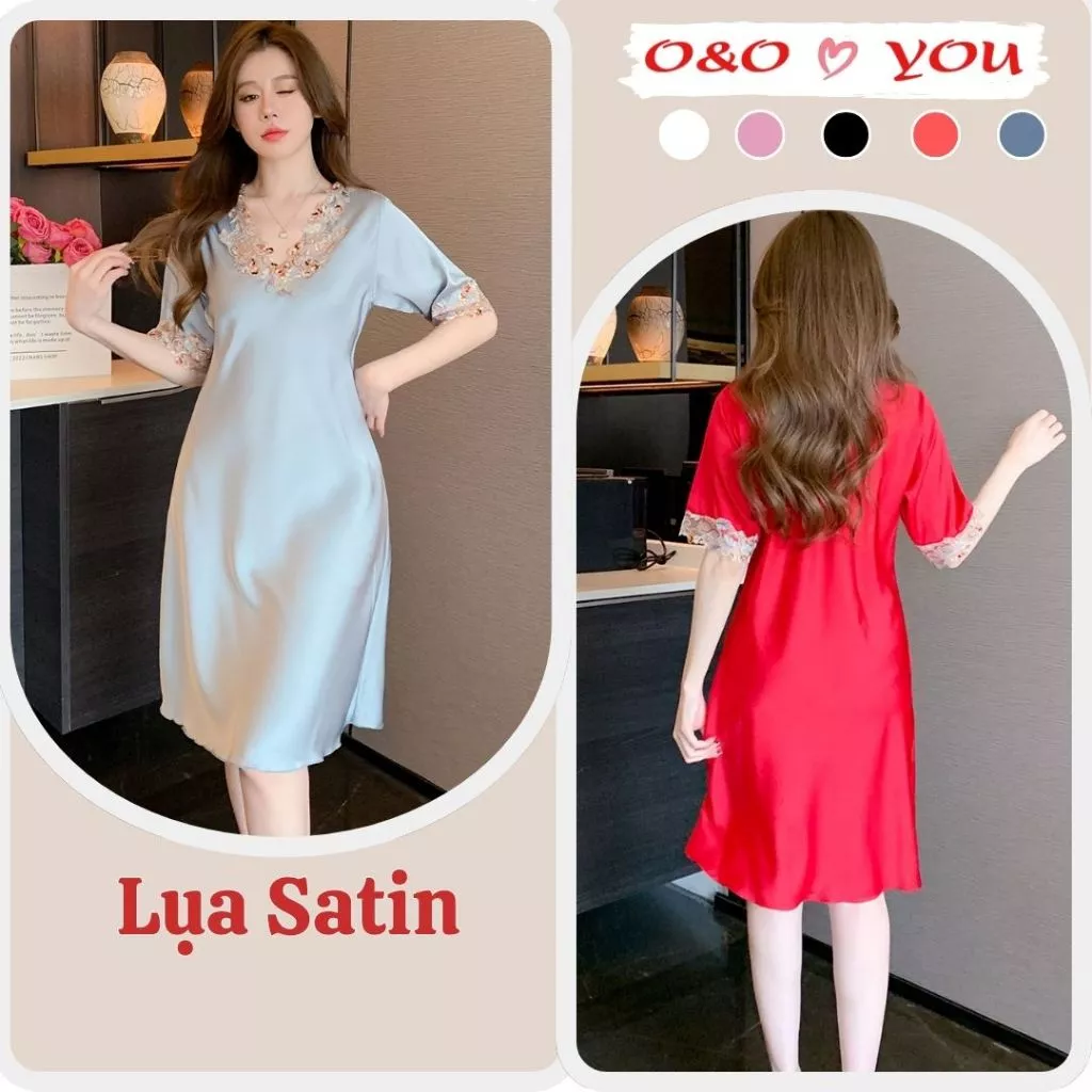 Đầm áo ngủ dài tay dáng xuông liền thân viền ren hoa, chất liệu lụa Satin A30988 O&O thoáng mát