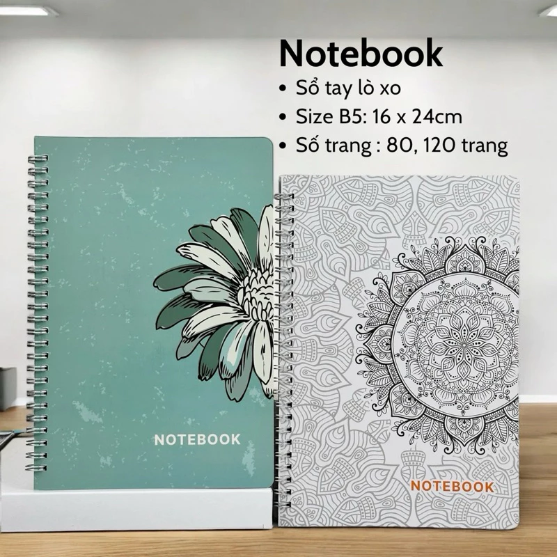 Sổ lò xo B5 HUERARUMO, 80-120 trang giấy cao cấp định lượng 100gsm có chứng nhận FSC 100%, in offset, bìa giấy duplex.