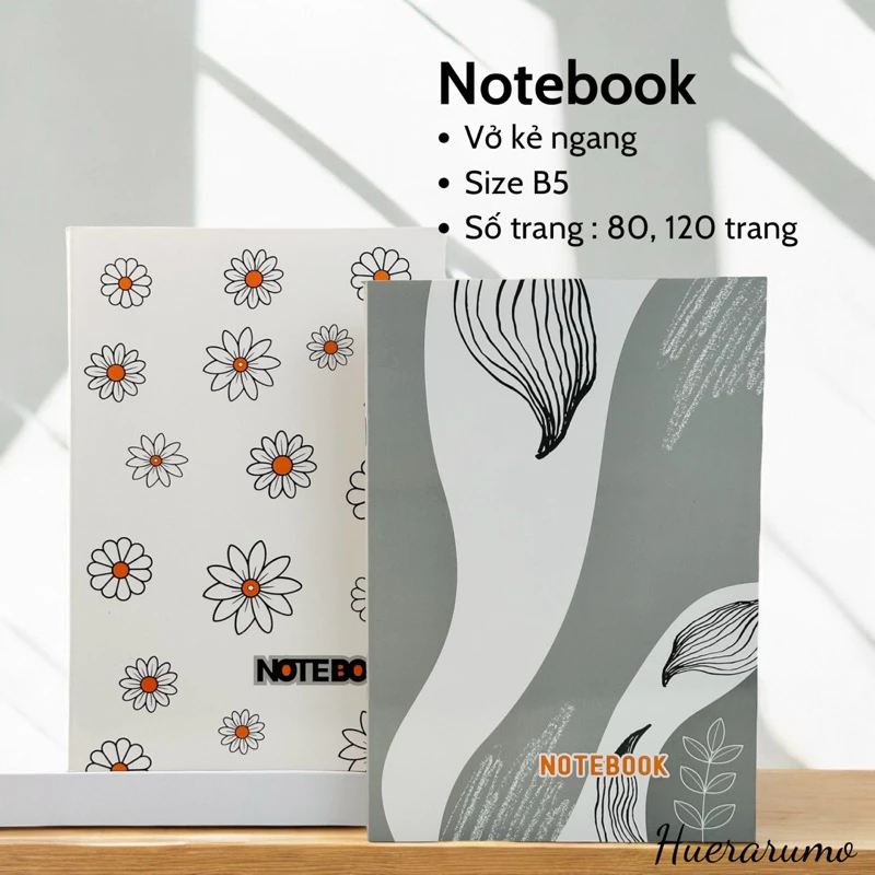 Vở kẻ ngang B5 80-120 trang HUERARUMO, giấy cao cấp định lượng 80gsm, lốc 5 quyển -10 quyển, in offset, bìa giấy ivory.