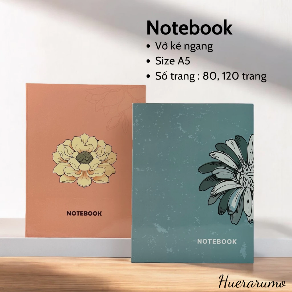 Vở kẻ ngang A5 80-120 trang HUERARUMO, giấy cao cấp định lượng 60gsm, lốc 5 quyển -10 quyển, bìa giấy ivory 250gsm.