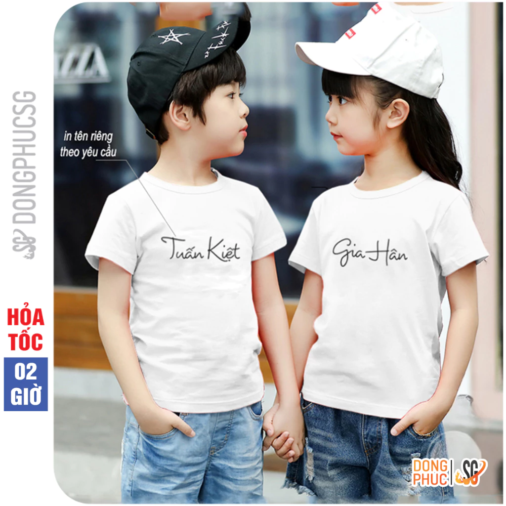 Áo thun in tên riêng của bé theo yêu cầu chất thun cotton mềm mịn màu trắng DONGPHUCSG