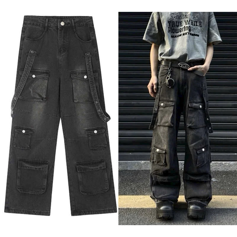 QUẦN JEAN 8 TÚI - Cargo Jeans - Quần jeans túi hộp phối dây form rộng vải washed màu đen. Unisex nam nữ Jaystoree.