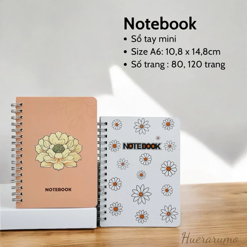 Sổ lò xo A6 HUERARUMO, 80-120 trang giấy cao cấp định lượng 100gsm có chứng nhận FSC 100%, in offset, bìa giấy cán mờ.